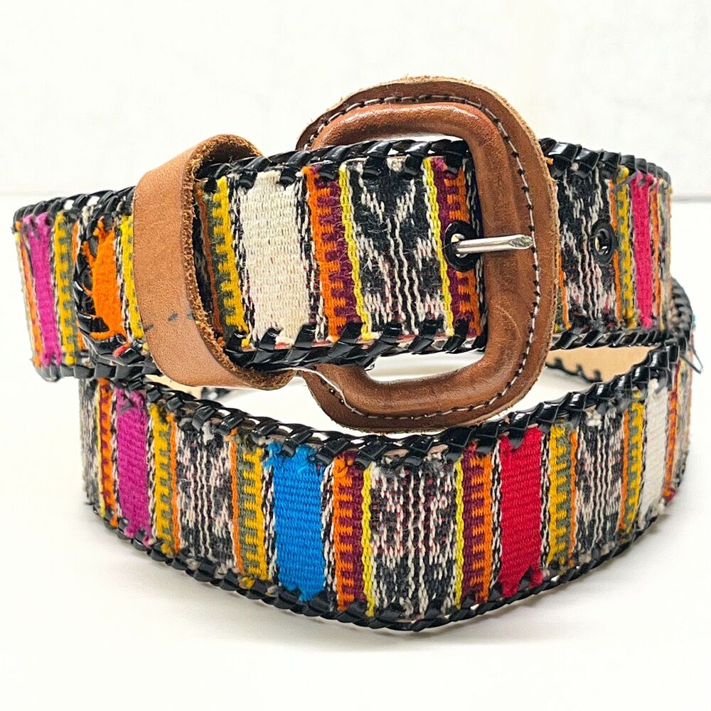 Vtg Mayan Cotton Multicolor Brown Tan Leather Belt Handmade Womens Size XS S